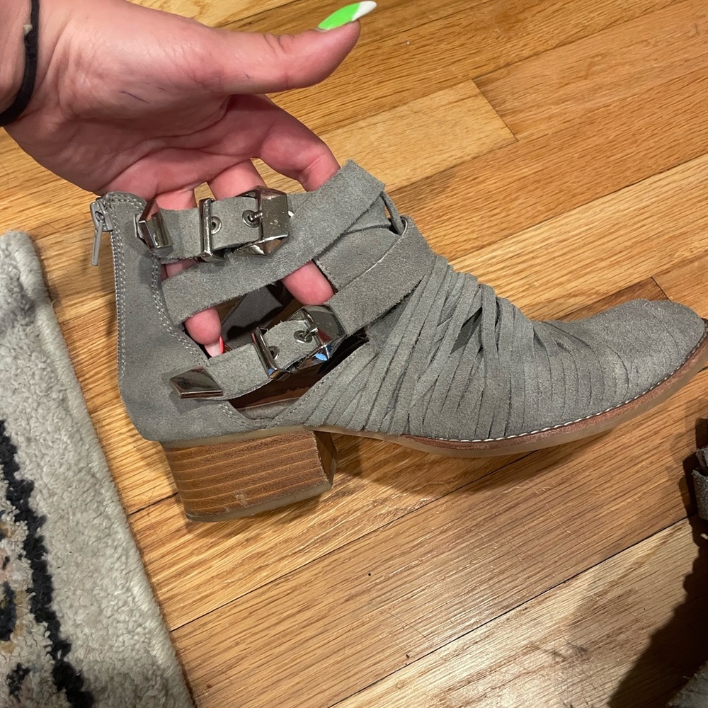Jeffrey Campbell grey suede with silver buckle ankle bootie